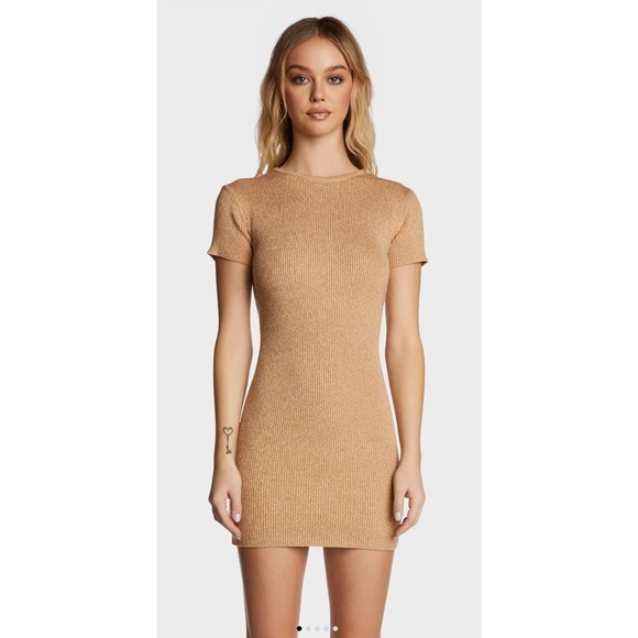 Lioness Dresses & Skirts - 2/$30 Lioness Giselle Ribbed Bodycon Short Sleeve Tan‎ Sweater Mini Dress Small
